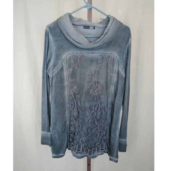 Andamio Women's Long Sleeve Cowlneck Top Blue Virgin Wool Blend Lace Floral - Picture 1 of 9